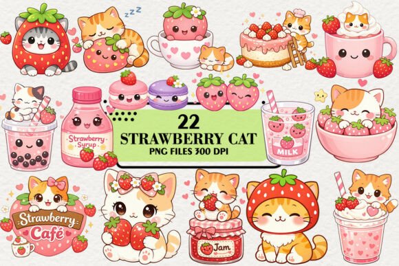 Download Kawaii Strawberry Cat Clipart Bundle - Kawaii Collection