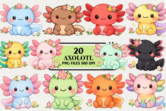 Download Kawaii Axolotl Floral Clipart Bundle - Kawaii Collection